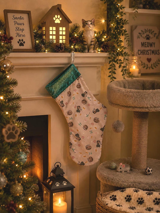 Cat Christmas Stocking: Emerald Velvet Trim, Feline Lover Gift
