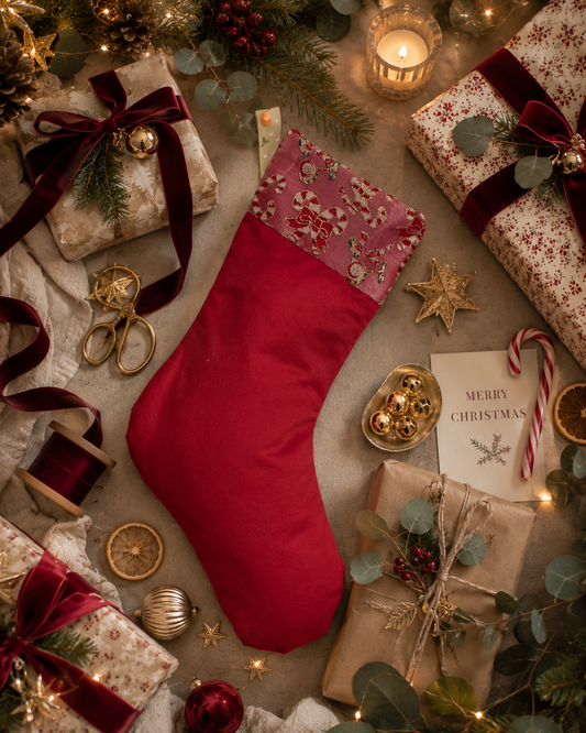 Handmade Christmas Stocking: Red Candy Cane Fabric, Silver Velvet Trim
