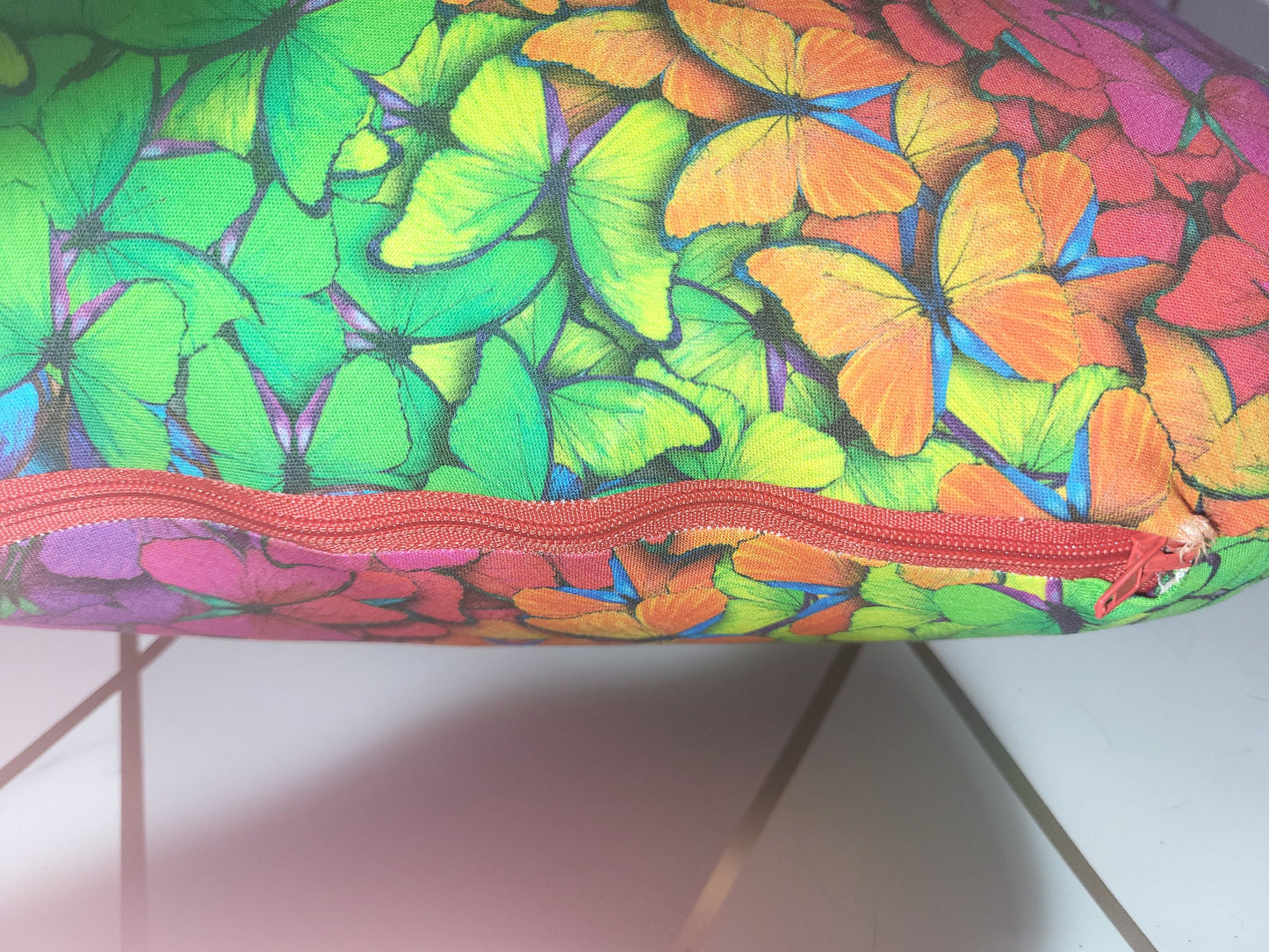 Rainbow Butterfly Print Heart Cushion: Vibrant Girls Room Decor
