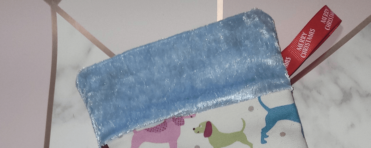 Dog Christmas Stocking: Eco-Friendly Fabric, Sausage Dog Design - KJ Designs