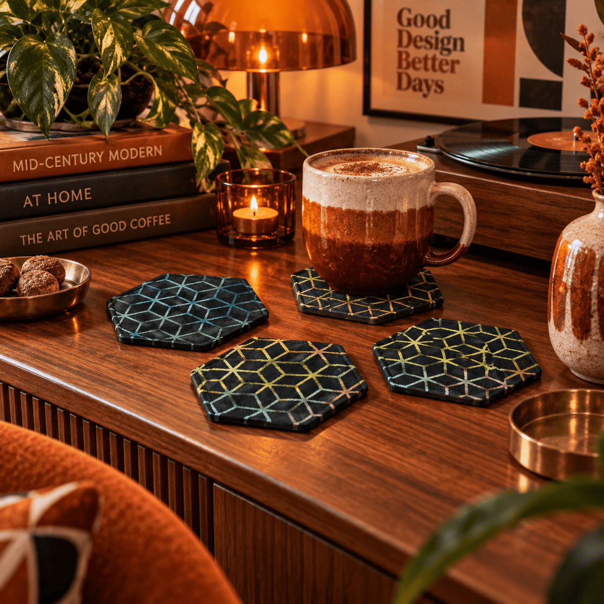 Geometric Coaster Set: Eco-Friendly Hexagonal Decor, Set of 4 - KJ Designs
