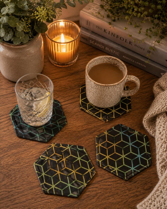 Geometric Coaster Set: Eco-Friendly Hexagonal Decor, Set of 4 - KJ Designs