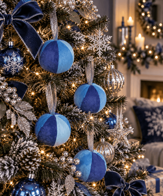 Hand-Dyed Blue Fabric Christmas Baubles: Eco-Friendly Ornament Set - KJ Designs