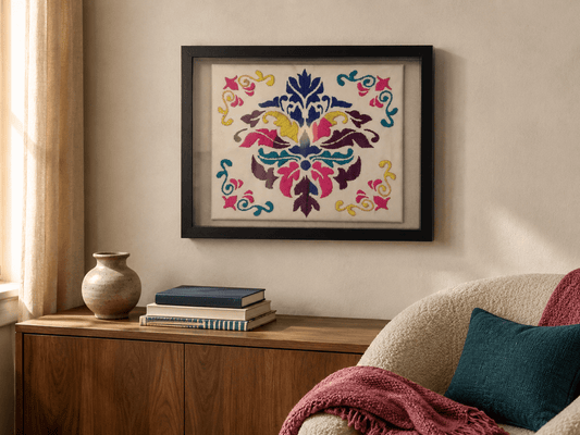 Hand-Embroidered Folk Floral Wall Art – Framed - KJ Designs