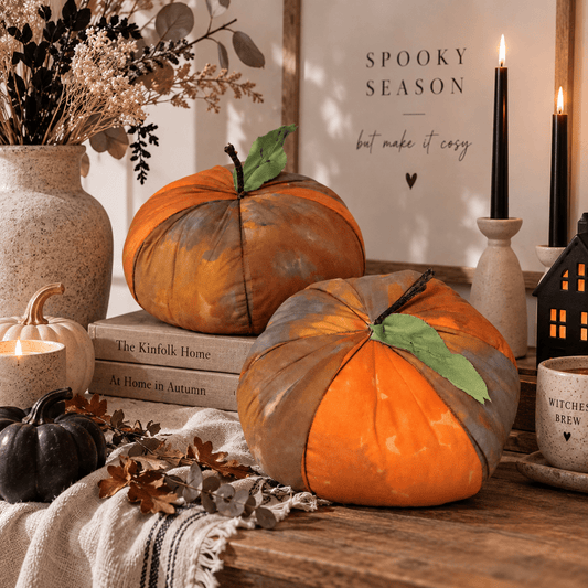 Handmade Orange Fabric Pumpkins: Halloween Spooky Decor (Set of 2) - KJ Designs