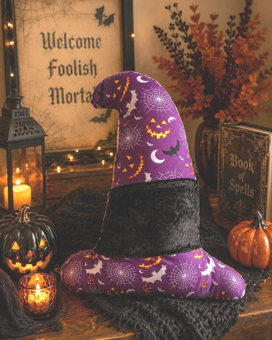 Handcrafted Purple Witch Hat Cushion: Halloween Accent Pillow - KJ Designs