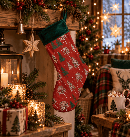 Handmade Red Woodland Christmas Stocking – Choice of Festive Finish - KJ Designs