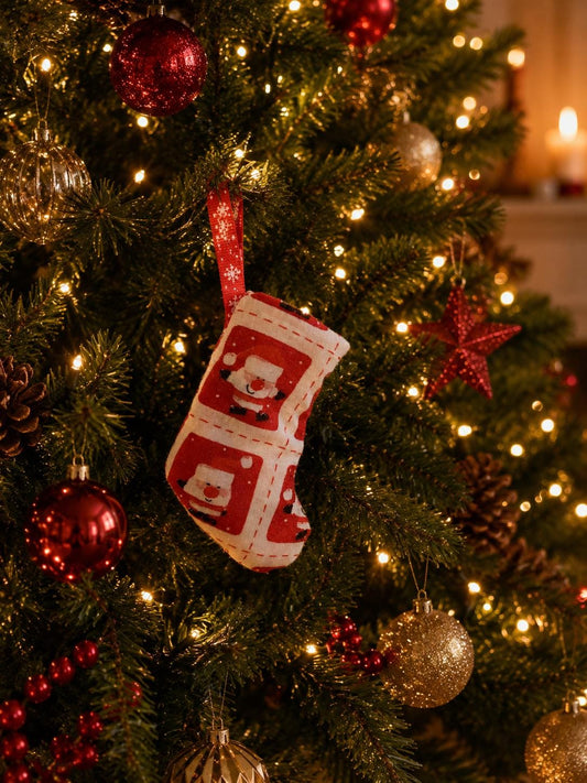 Handmade Santa Fabric Christmas Stocking Ornament - KJ Designs