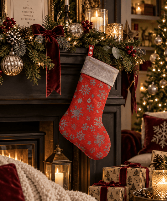 Handmade Snowflake Christmas Stocking: Red & Blue Holiday Decor - KJ Designs