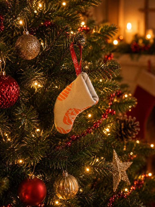 Handprinted Neon Christmas Stocking Ornament: Eco-Friendly Fabric Decor - KJ Designs