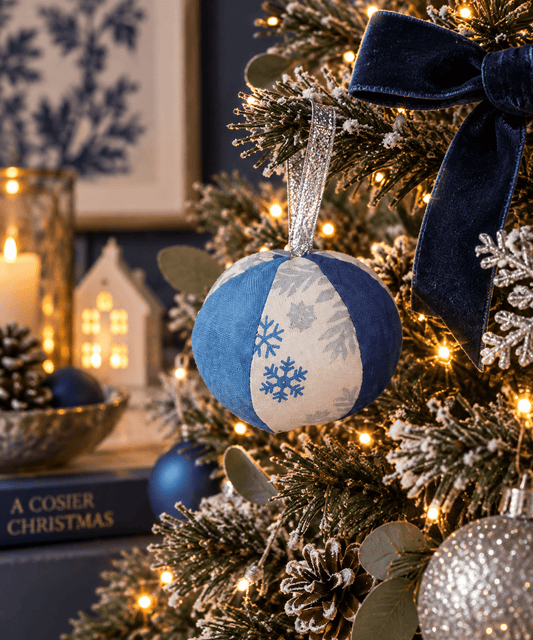 Handprinted Snowflake Fabric Christmas Baubles: Frosty Blue Set - KJ Designs