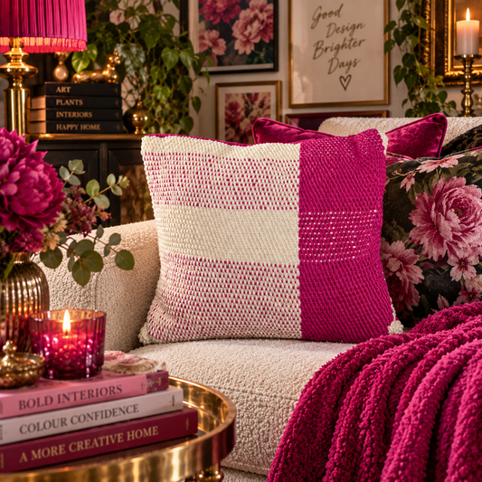 Handwoven Fuchsia & Cream Statement Cushion - KJ Designs