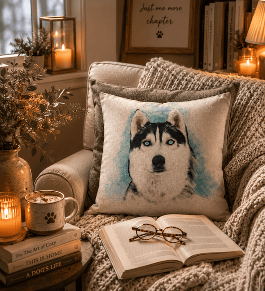 Husky Dog Print Cushion: Cotton Linen Pillow, Animal Lover Gift - KJ Designs