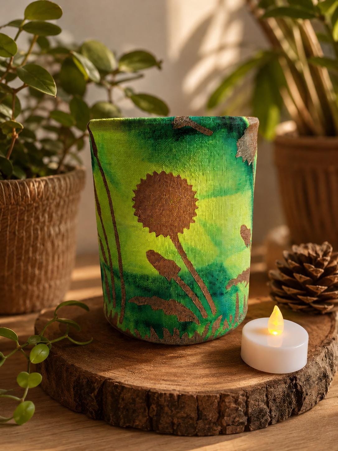 Hand-Dyed Fabric LED Lantern: Dandelion Flower Art Tealight Holder