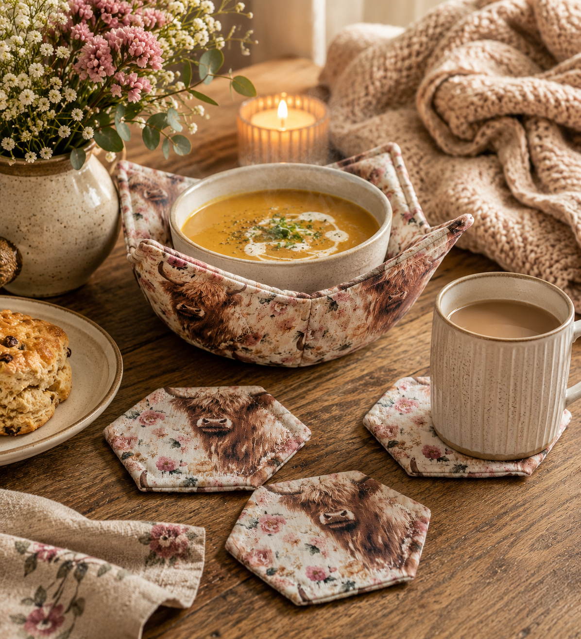 Highland Cow Bowl Cozy: Floral Farmhouse Decor