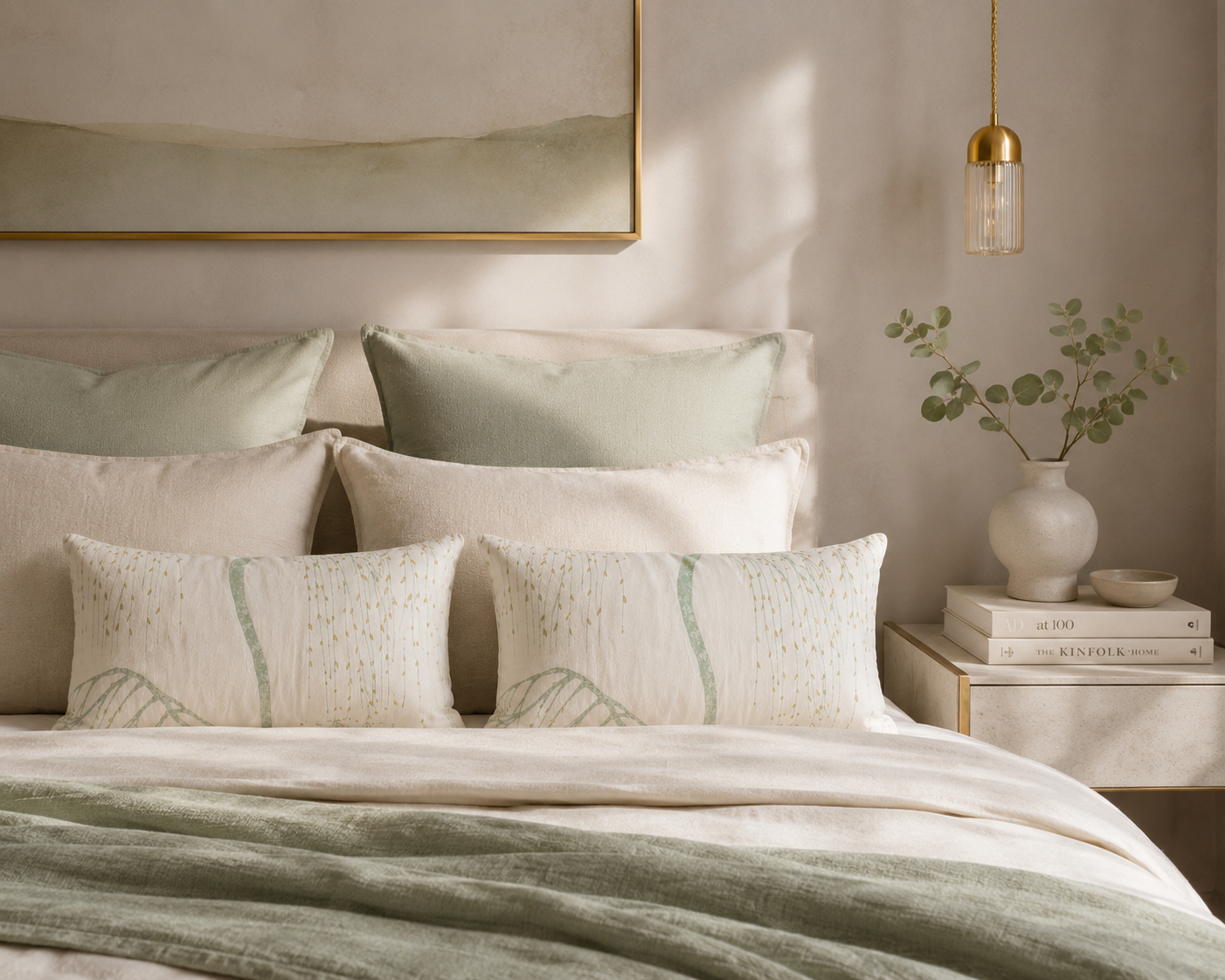 Willow Tree Cotton Cushions: Green and Gold Nature Decor (Set of 2)