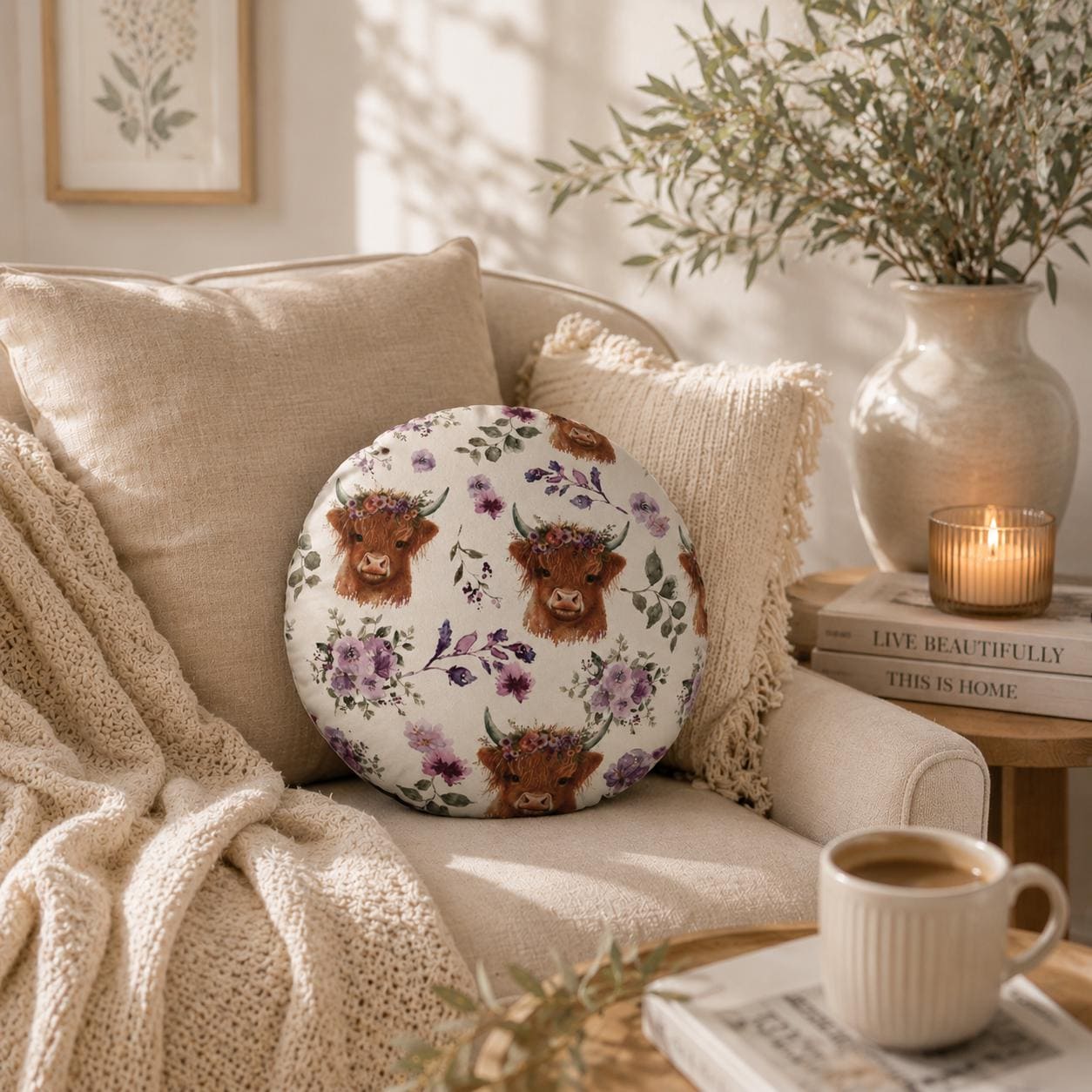 Highland Cow Cushion: Floral Print, Purple Velvet Back