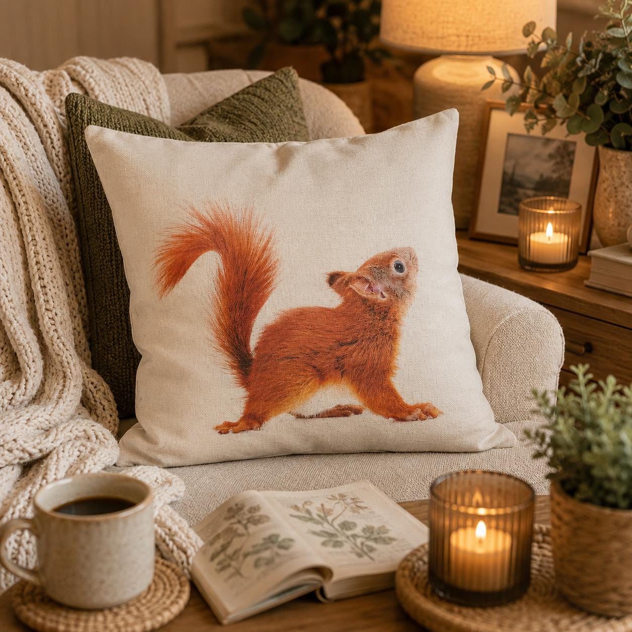 Red Squirrel Print Cotton Cushion: Animal Lover Gift, Summer Decor