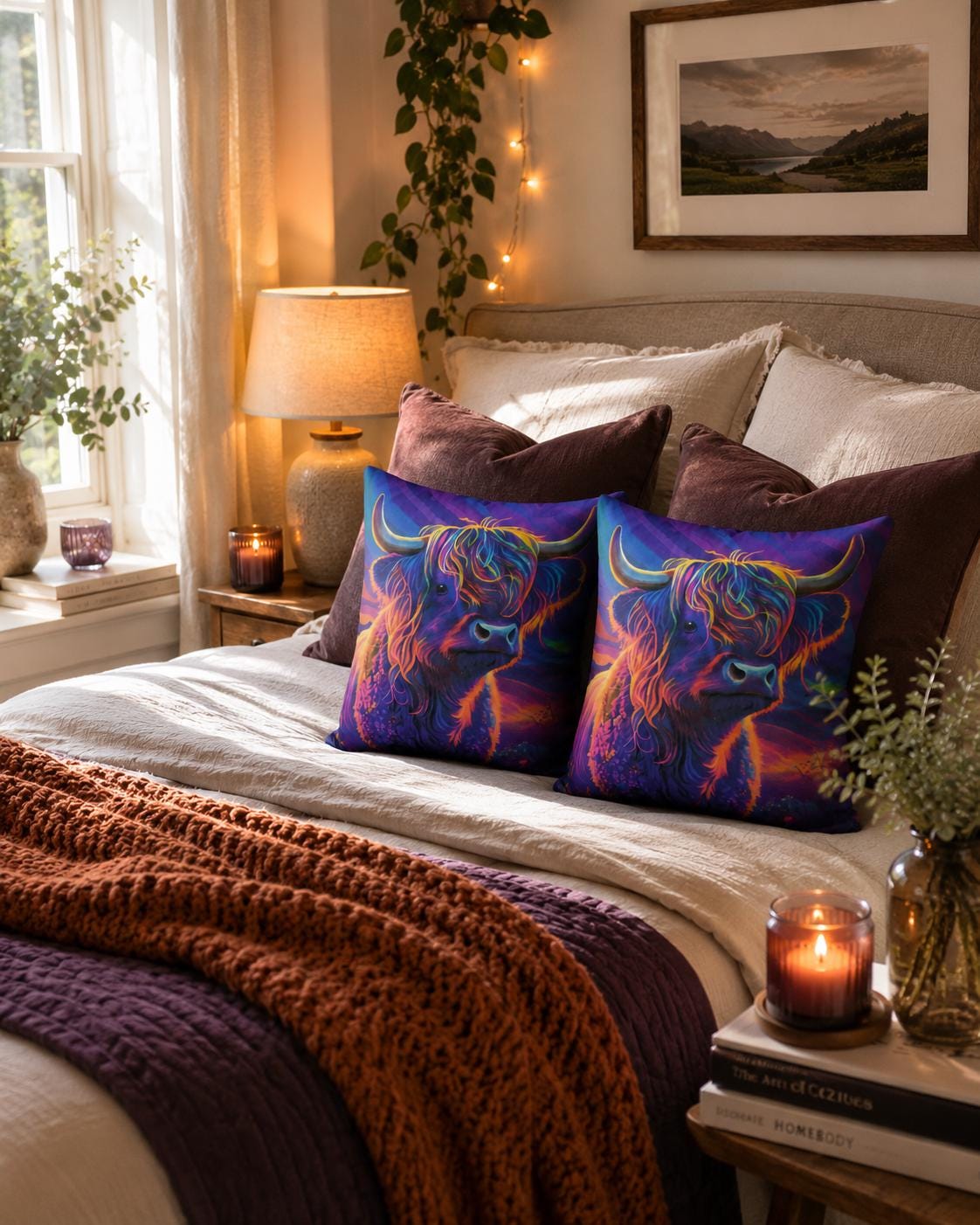 Vibrant Highland Cow Cushions | Colourful Scottish Accent Pillows (30x30cm)