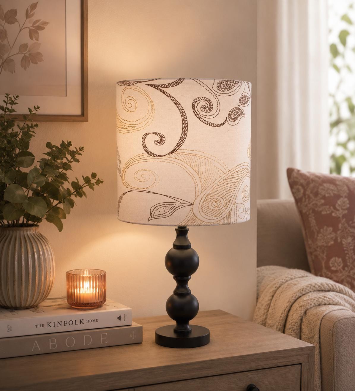 Neutral Paisley Drum Lampshade: Minimalist Table/Pendant Light