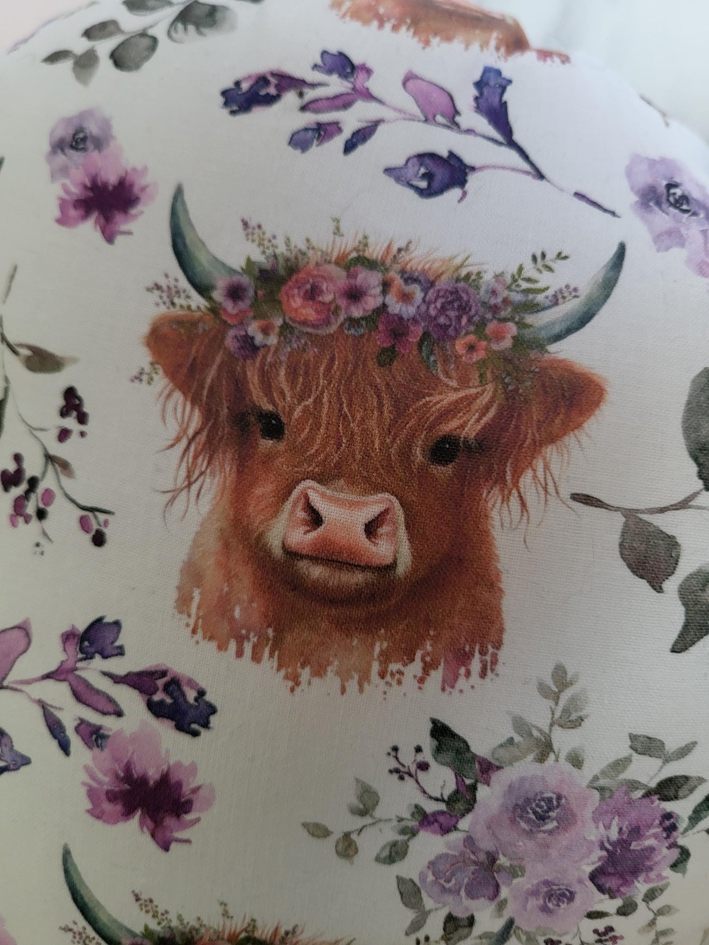 Highland Cow Cushion: Floral Print, Purple Velvet Back