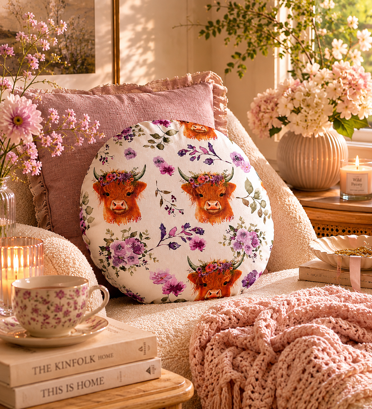 Highland Cow Cushion: Floral Print, Purple Velvet Back
