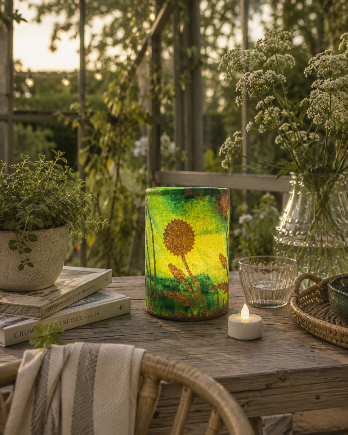 Hand-Dyed Fabric LED Lantern: Dandelion Flower Art Tealight Holder