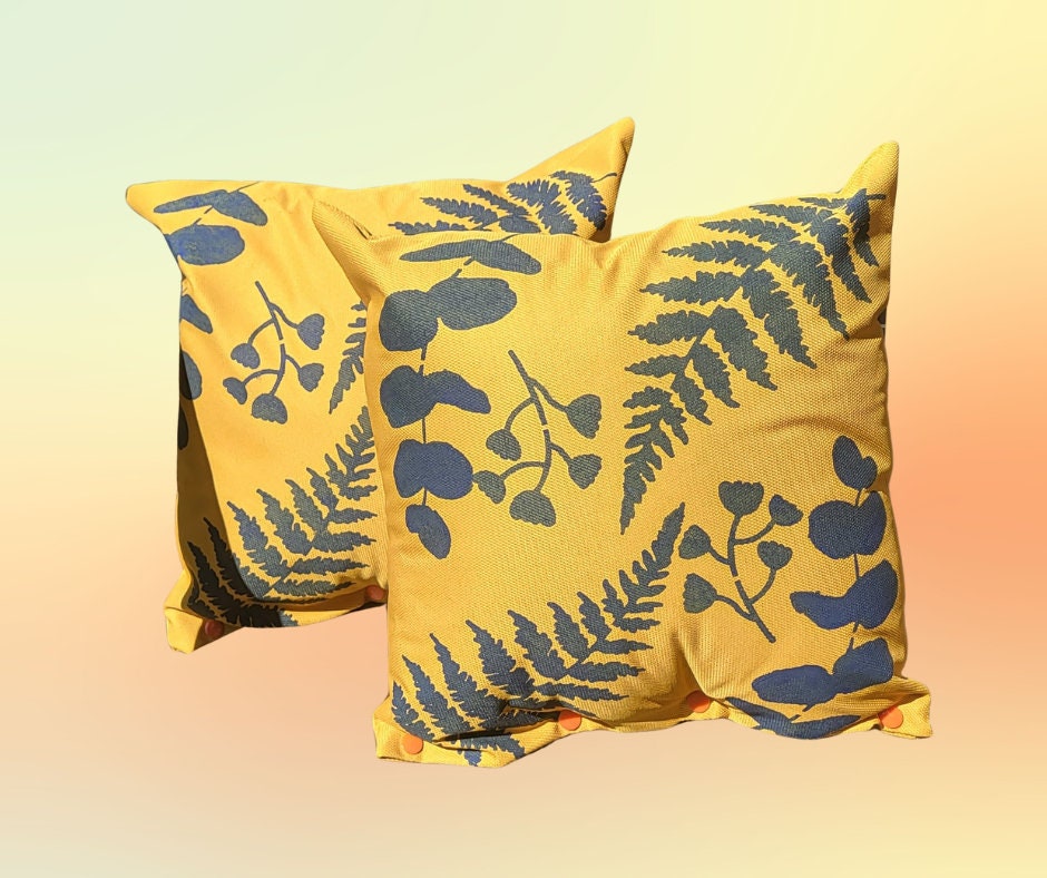 Floral Outdoor Cushions: Hand-Printed Yellow & Blue Water-Resistant Pillows