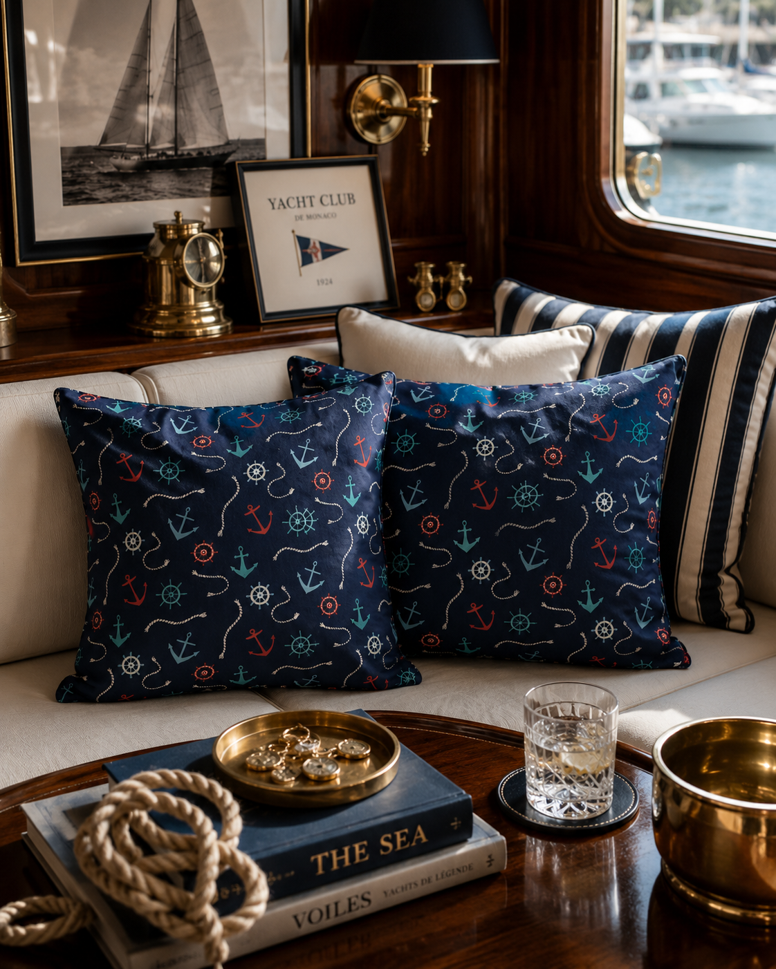 Nautical Pillow Set: Navy Blue Anchor Cushions, Summer Decor