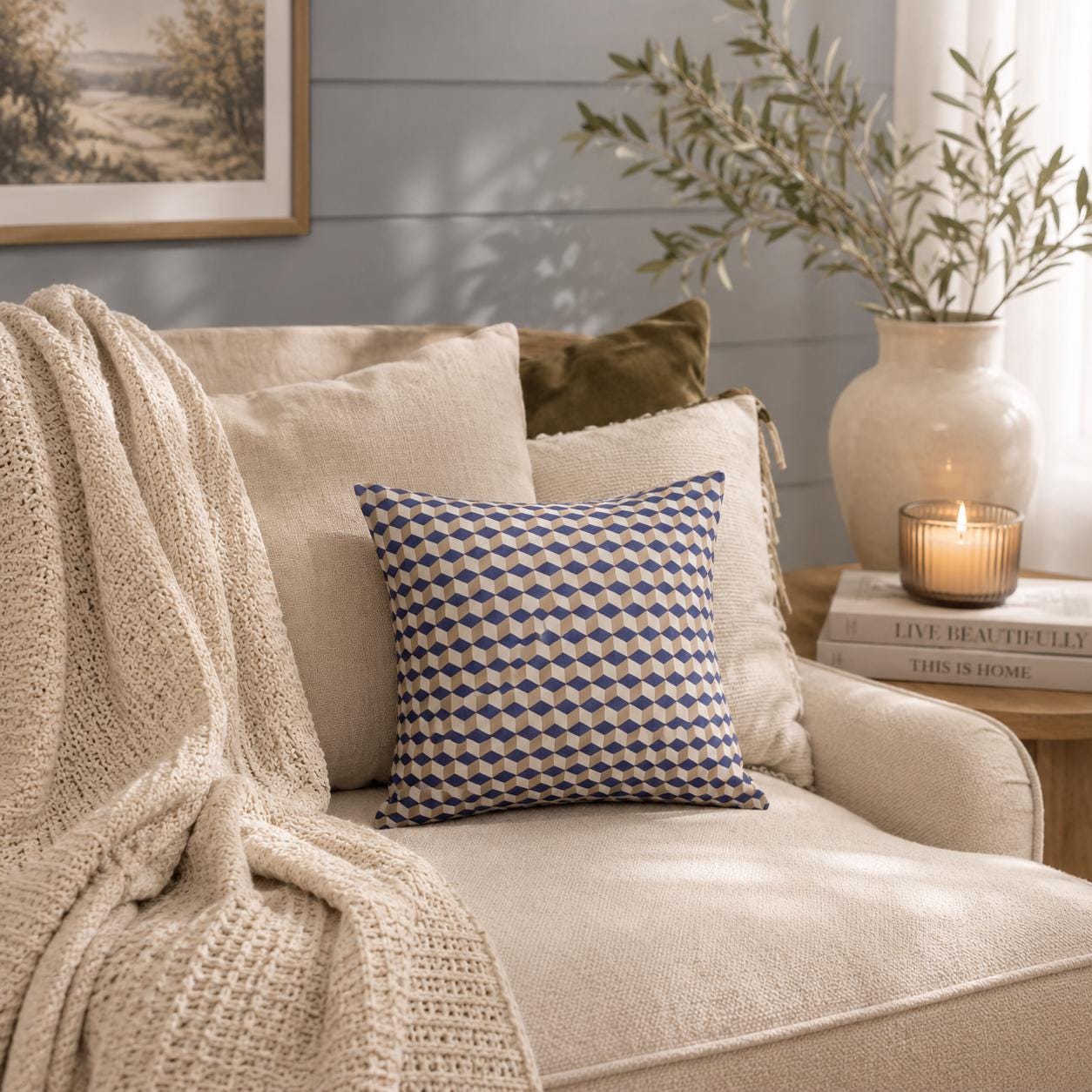 Geometric Print Cotton Cushion: Rustic Autumn Decor (40x40cm)