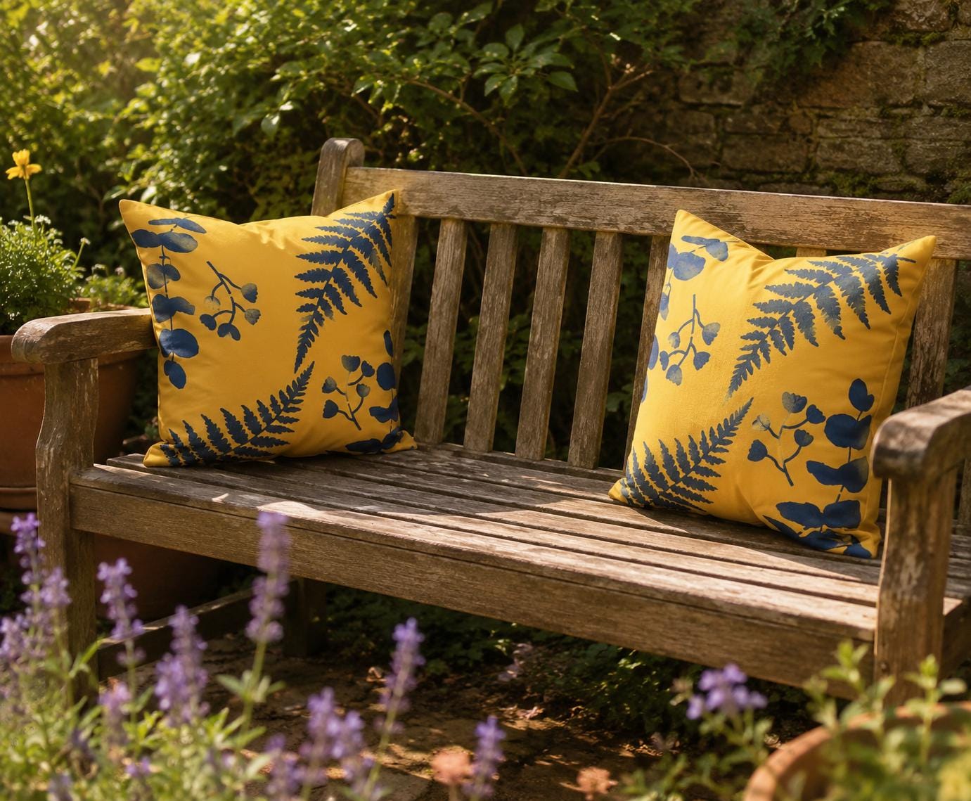 Floral Outdoor Cushions: Hand-Printed Yellow & Blue Water-Resistant Pillows
