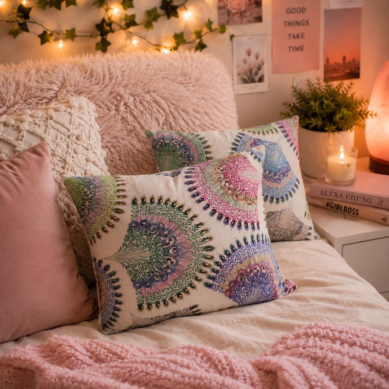 Peacock Feather Print Cushions: Multicoloured Rectangle Pillows, Set of 2