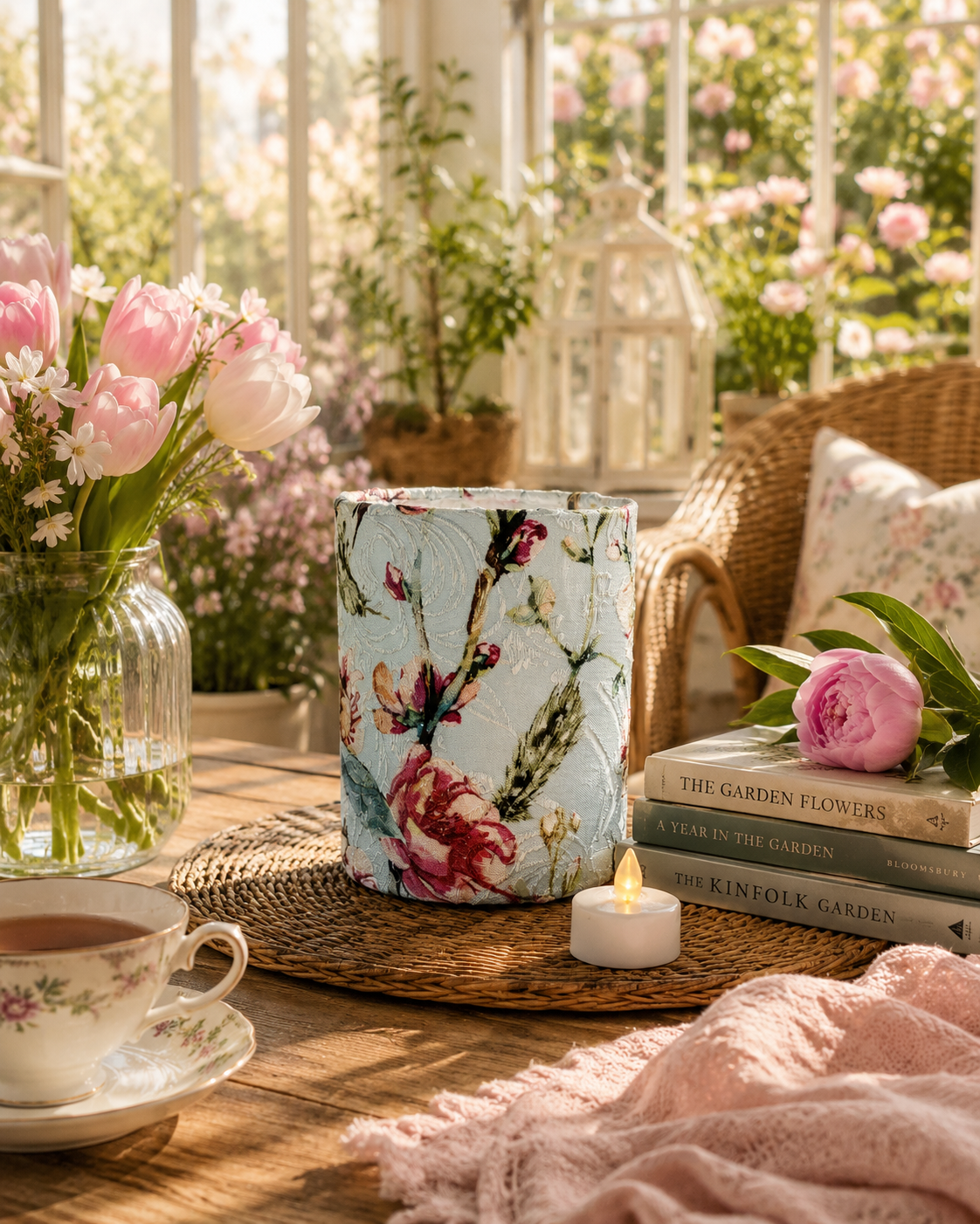 Handmade Floral Fabric Tea Light Lantern: Teal Home Decor