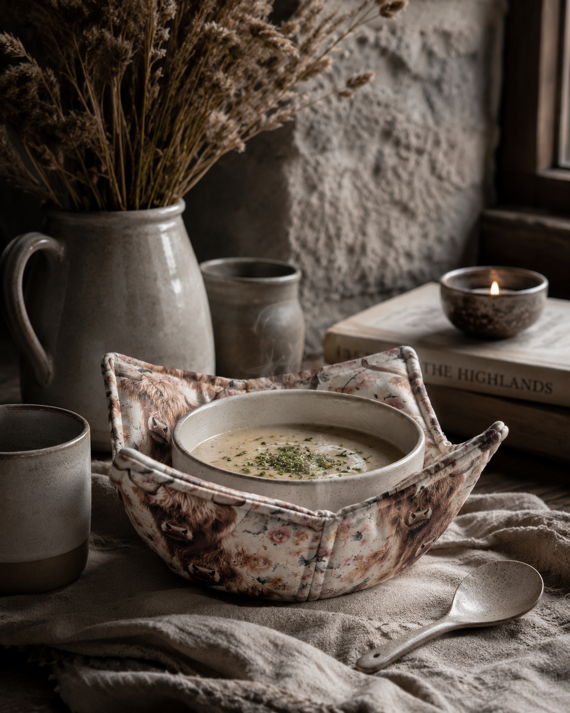 Highland Cow Bowl Cozy: Floral Farmhouse Decor