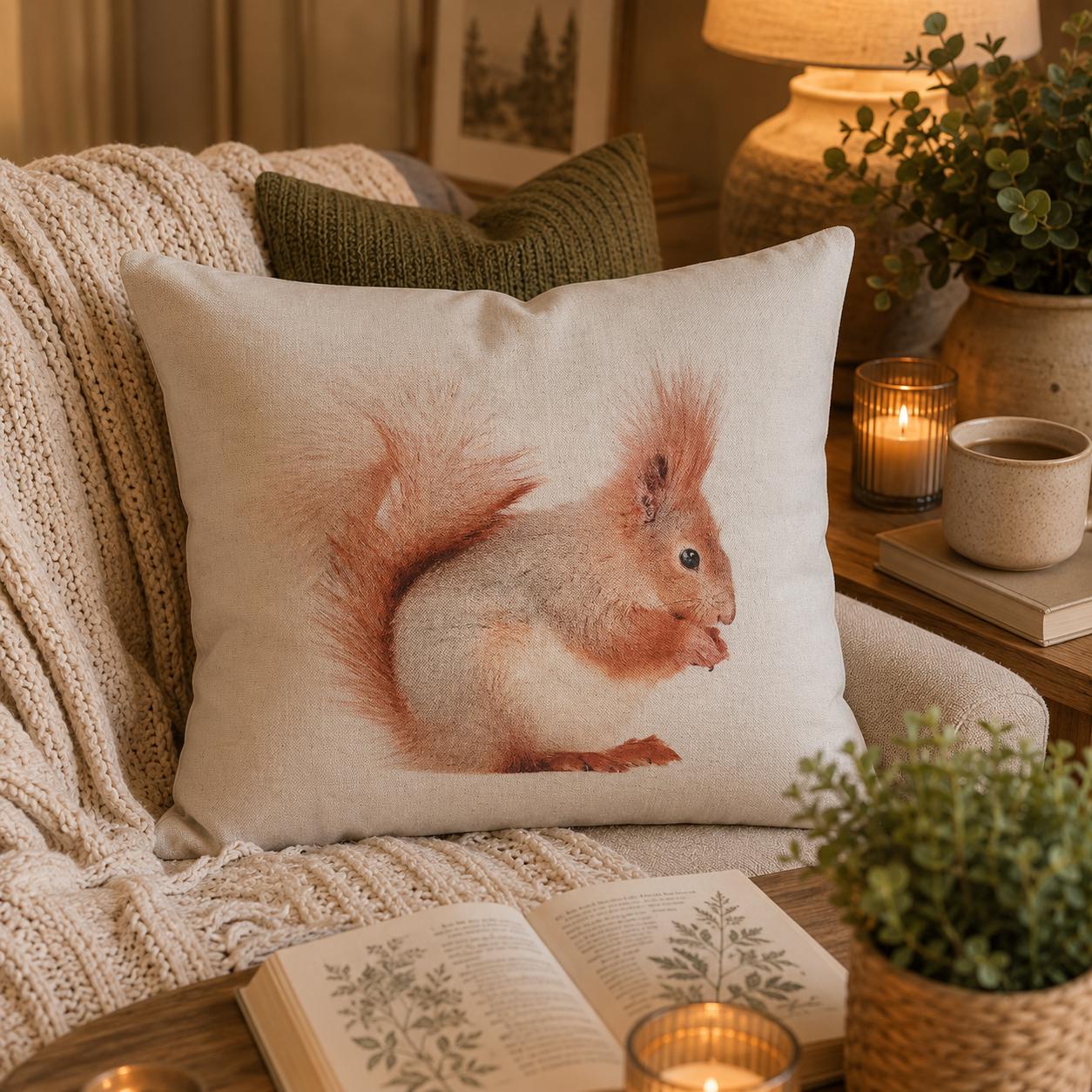 Red Squirrel Print Cotton Cushion: Animal Lover Gift, Summer Decor