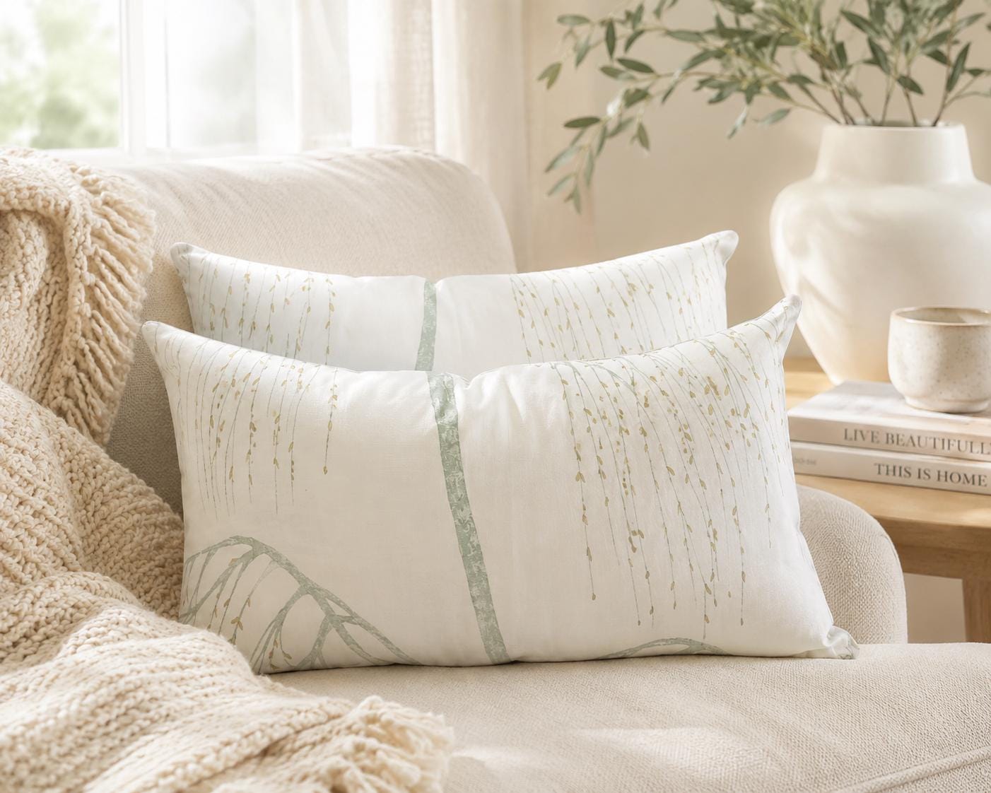 Willow Tree Cotton Cushions: Green and Gold Nature Decor (Set of 2)
