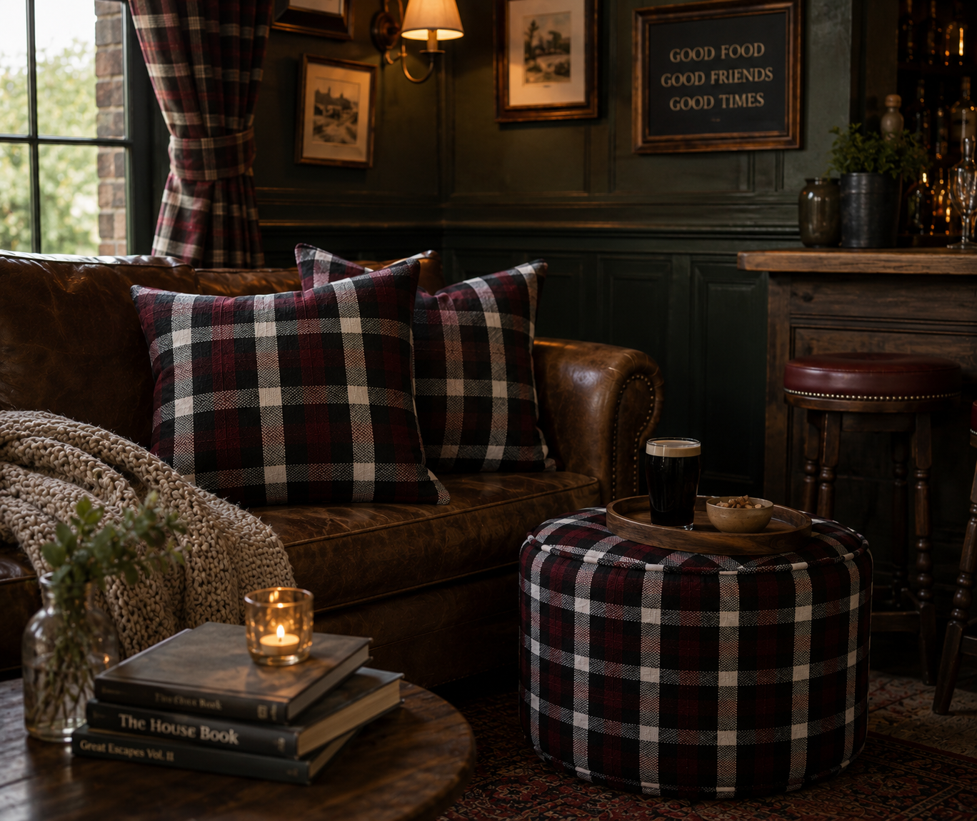 Purple Plaid Footstool: Washable Tartan Ottoman, Living Room Decor