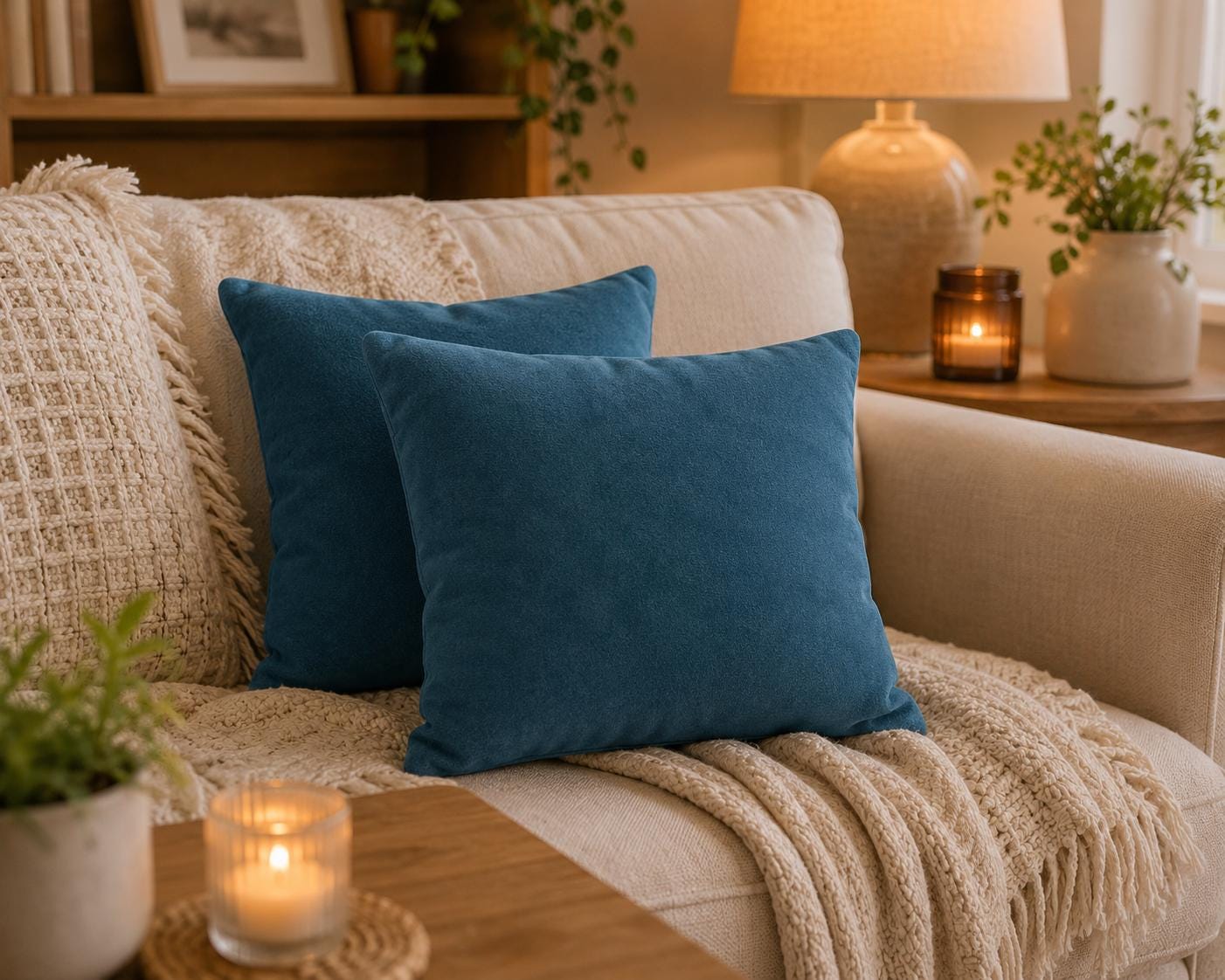 Teal Velvet Cushions: Square Pillows, Family Room Decor (30cm)