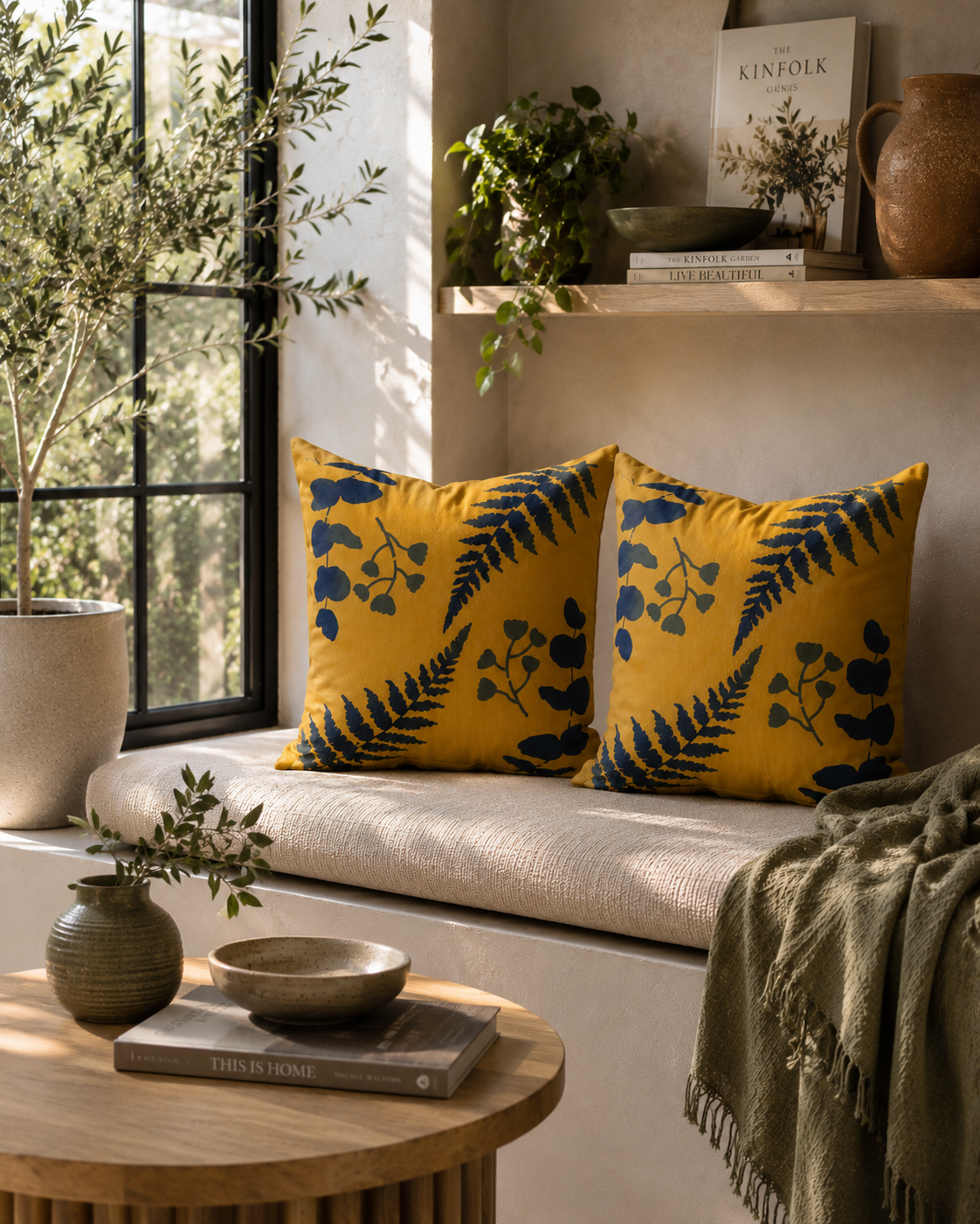 Floral Outdoor Cushions: Hand-Printed Yellow & Blue Water-Resistant Pillows