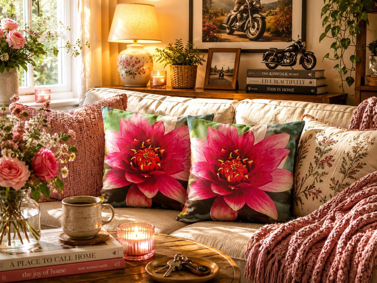 Water Lily Print Cushions: Pink Floral Home Decor, Girls Room