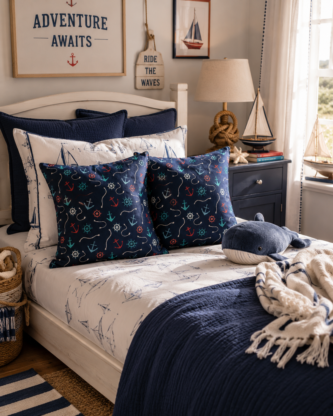 Nautical Pillow Set: Navy Blue Anchor Cushions, Summer Decor