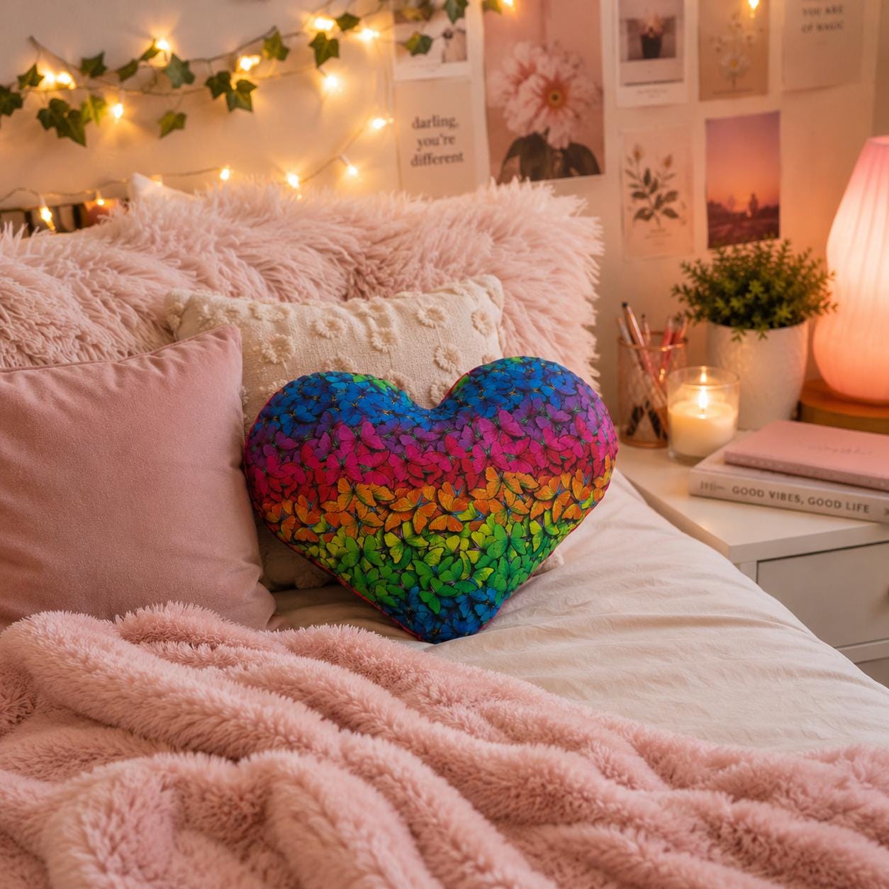 Rainbow Butterfly Print Heart Cushion: Vibrant Girls Room Decor