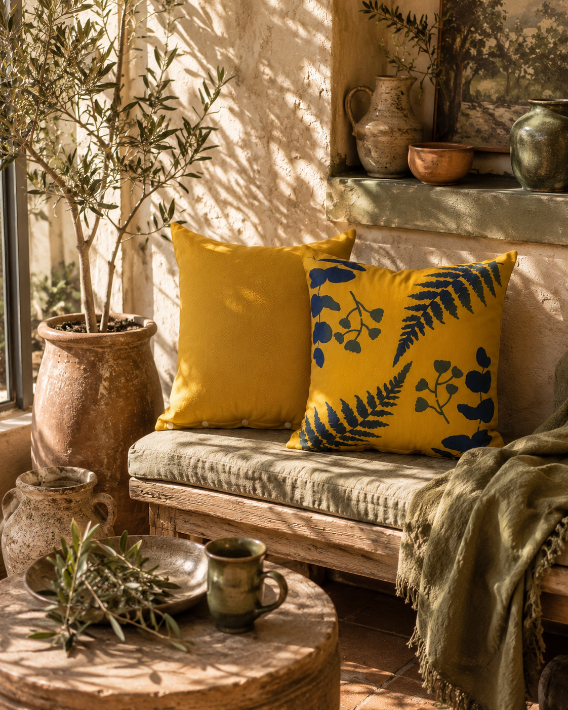 Floral Outdoor Cushions: Hand-Printed Yellow & Blue Water-Resistant Pillows