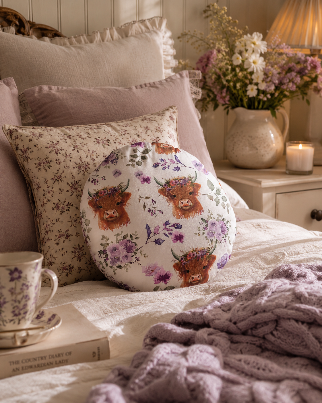 Highland Cow Cushion: Floral Print, Purple Velvet Back