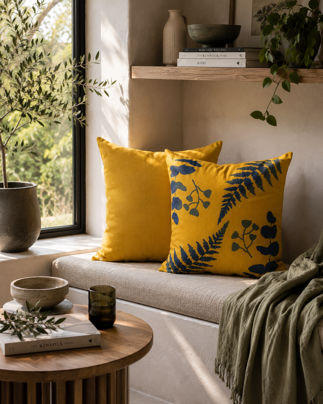 Floral Outdoor Cushions: Hand-Printed Yellow & Blue Water-Resistant Pillows