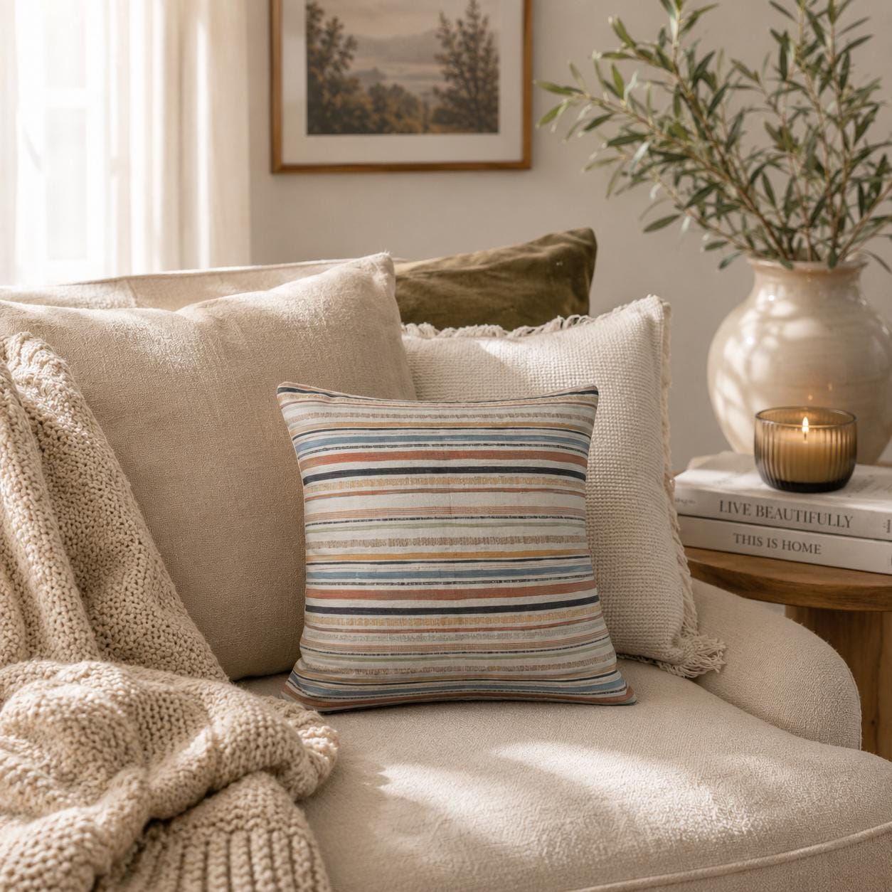 Geometric Print Cotton Cushion: Rustic Autumn Decor (40x40cm)