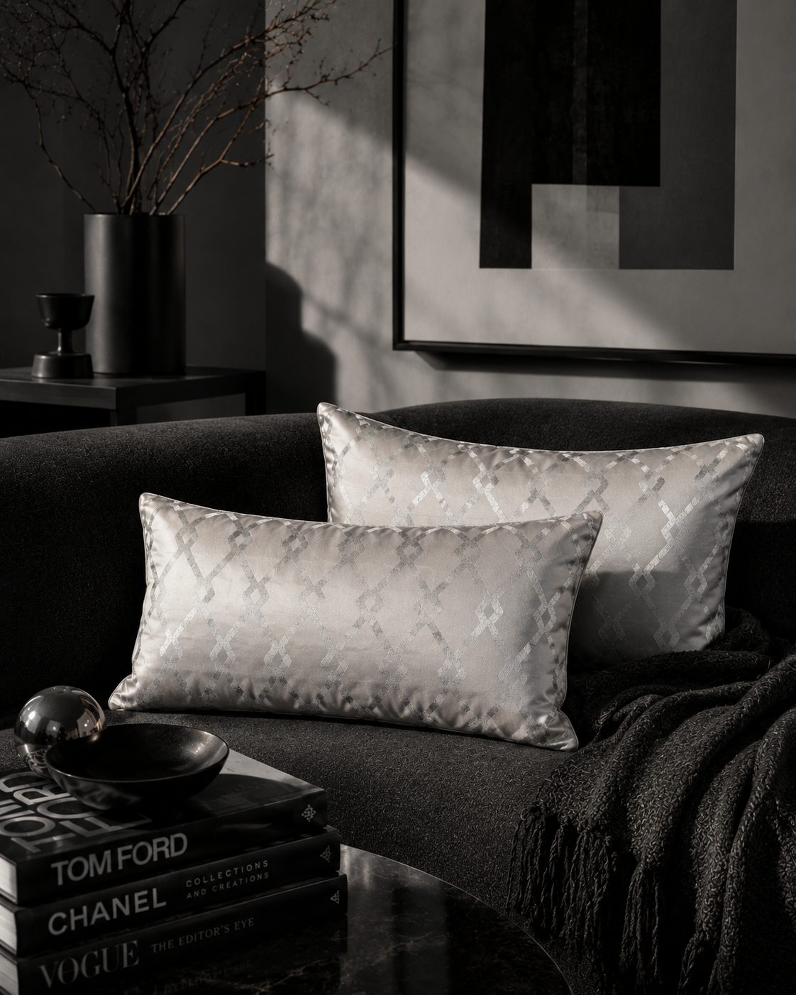 Geometric Silver Grey Cushions: Minimalist Home Decor, Rectangle Pillow Pair