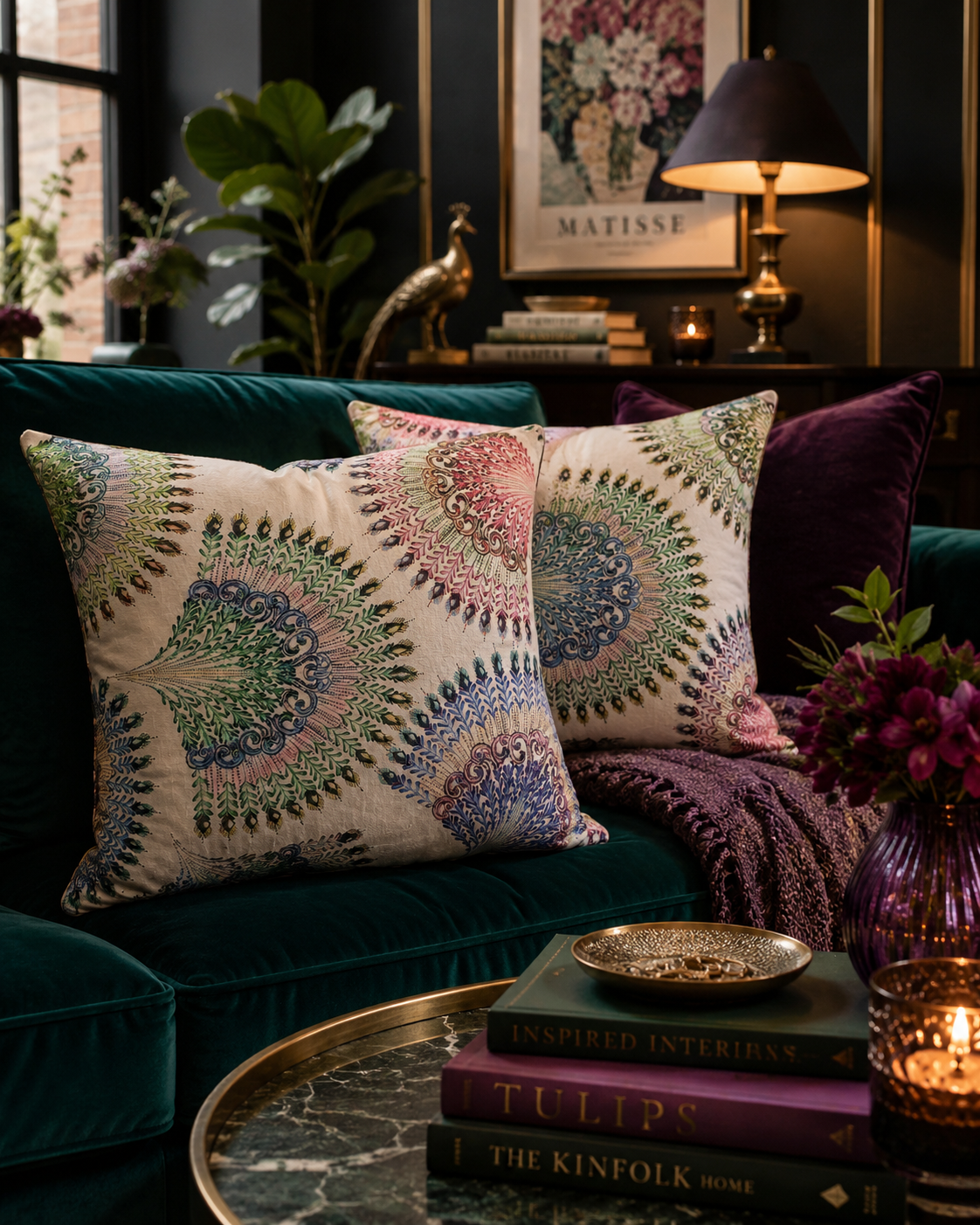 Peacock Feather Print Cushions: Multicoloured Rectangle Pillows, Set of 2