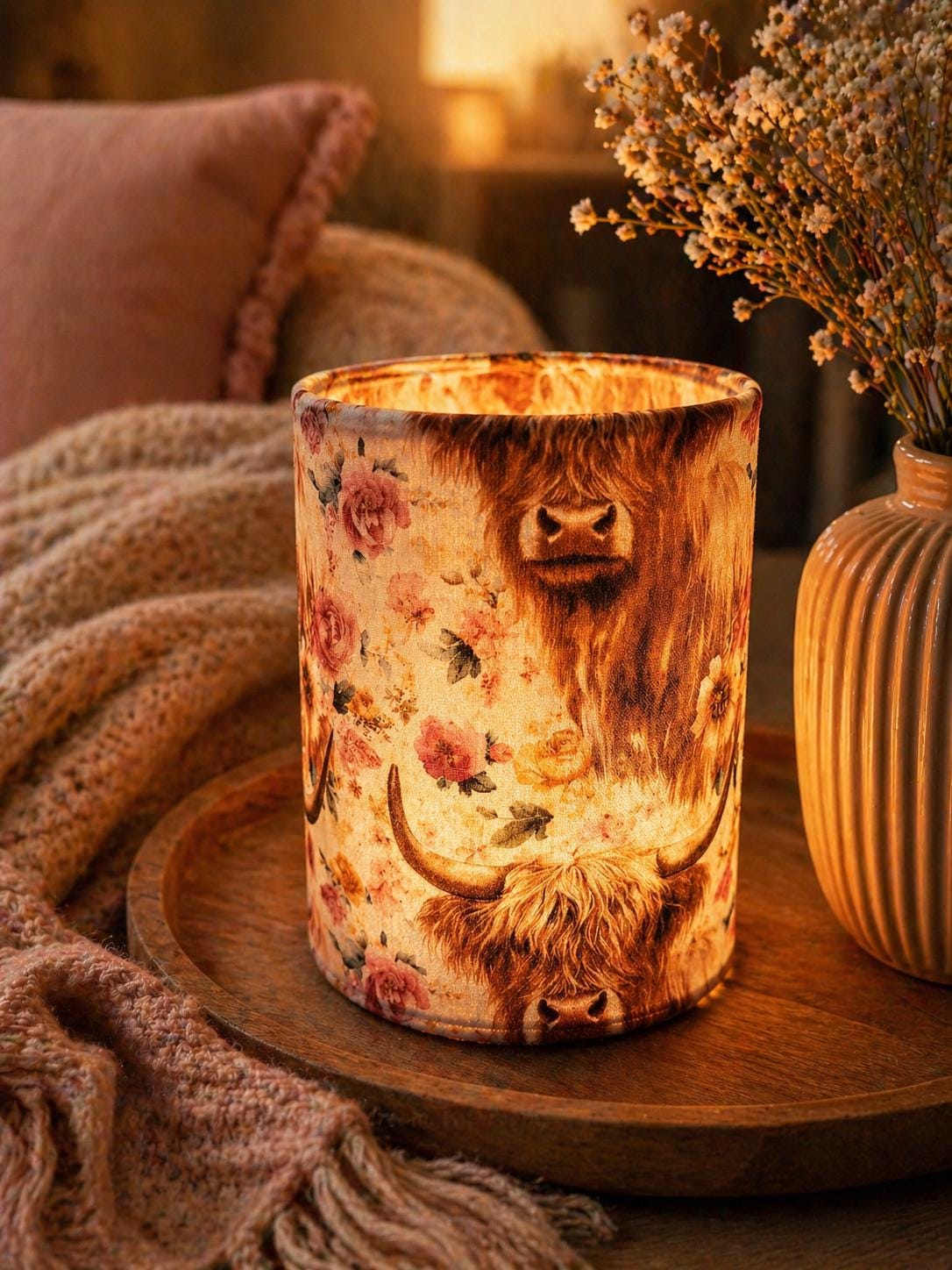 Highland Cow Fabric LED Lantern: Farmhouse Tealight Holder