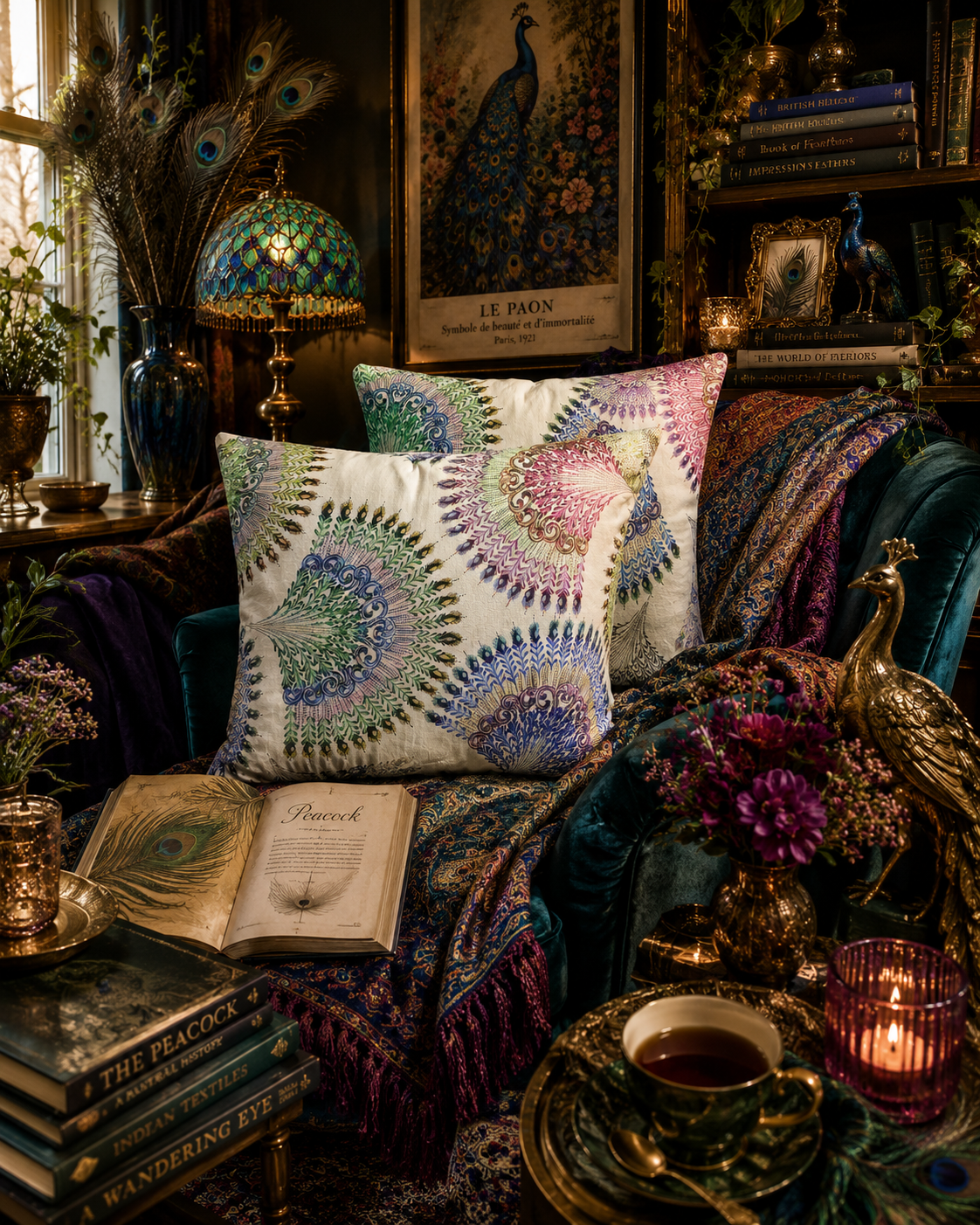 Peacock Feather Print Cushions: Multicoloured Rectangle Pillows, Set of 2